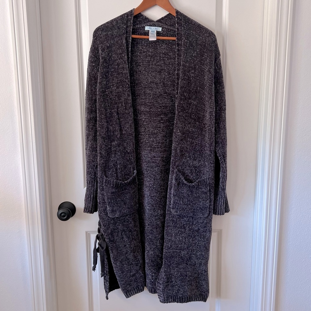 She + Sky Long Open-Front Cardigan Sweater - Charcoal